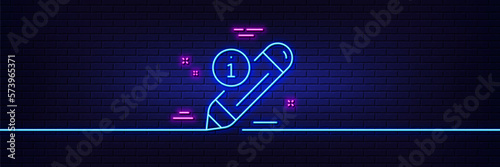 Neon light glow effect. Edit line icon. Information pencil sign. Drawing info symbol. 3d line neon glow icon. Brick wall banner. Edit outline. Vector