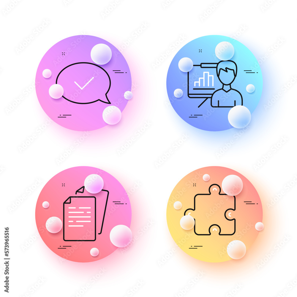 Approved message, Documents and Presentation board minimal line icons. 3d spheres or balls buttons. Puzzle icons. For web, application, printing. Accepted chat, Office file, Growth chart. Vector Approved message, Documents and Presentation board minimal line icons. 3d spheres or balls buttons. Puzzle icons. For web, application, printing. Accepted chat, Office file, Growth chart. Vector
