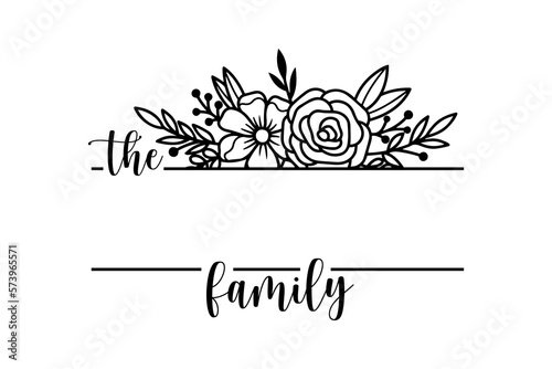 Hand lettering Family name monogram split monogram the family welcome home sign wedding floral ornament wreath border frame greeting card invitation