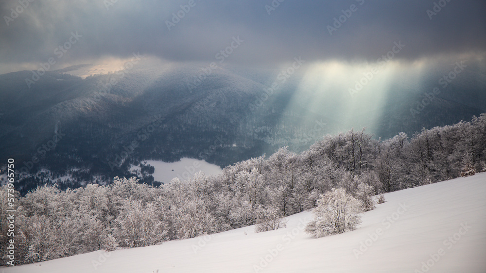 panorama of amazing idyllic landscape of the mountains during the cold winter; frosted bushes and sunshine breaking through the snowy clouds