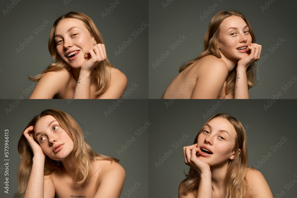 Collage made of closeup portraits of beautiful young girl with smooth clear skin and without makeup looking at camera with tenderness over olive color background. Collage made of closeup portraits of beautiful young girl with smooth clear skin and without makeup looking at camera with tenderness over olive color background.