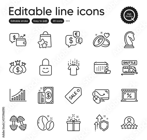 Fototapeta Naklejka Na Ścianę i Meble -  Set of Business outline icons. Contains icons as Accounting, Sale ticket and Market elements. Shuttle bus, Human rating, Marriage rings web signs. Lock, Improving safety. Vector