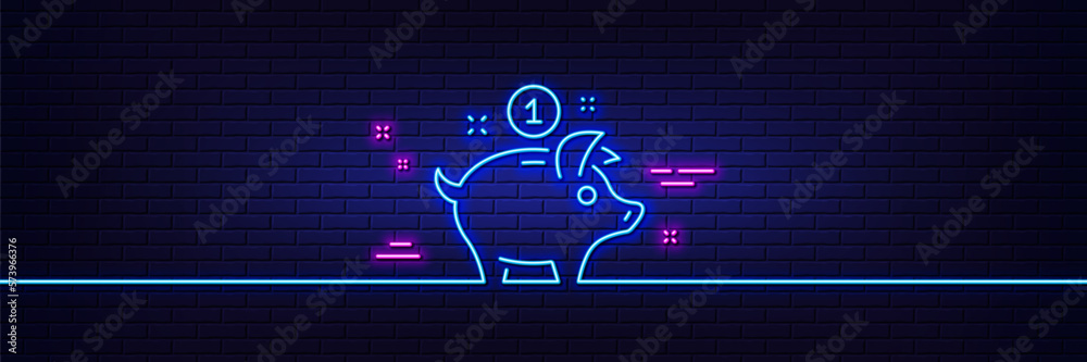 Neon light glow effect. Saving money line icon. Piggy bank sign. 3d line neon glow icon. Brick wall banner. Saving money outline. Vector Neon light glow effect. Saving money line icon. Piggy bank sign. 3d line neon glow icon. Brick wall banner. Saving money outline. Vector