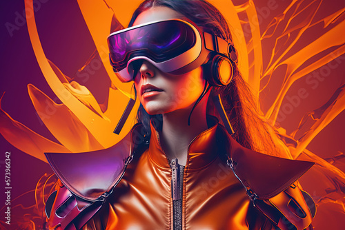 Beautiful woman wearing VR glasses, futuristic fashion style, generative AI
