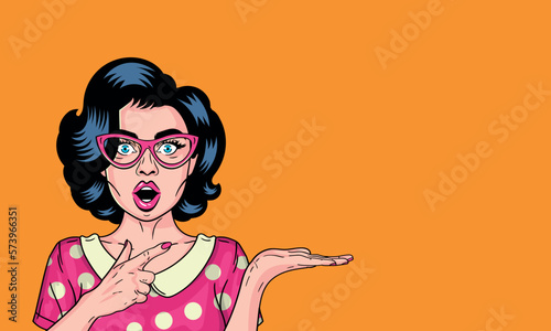 Illustration of a sexy pop art girl with glasses pointing at something