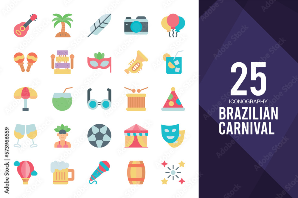 25 Brazilian Carnival Flat icon pack. vector illustration.