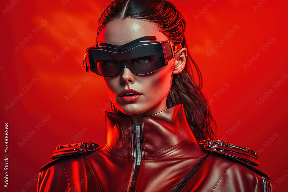 Beautiful woman wearing VR glasses, futuristic fashion style, generative AI