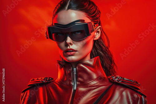 Beautiful woman wearing VR glasses, futuristic fashion style, generative AI © Adrien