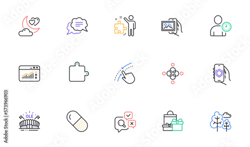 Web traffic, Tree and Inspect line icons for website, printing. Collection of Time management, Capsule pill, Security app icons. Image album, Inclusion, Strategy web elements. Vector