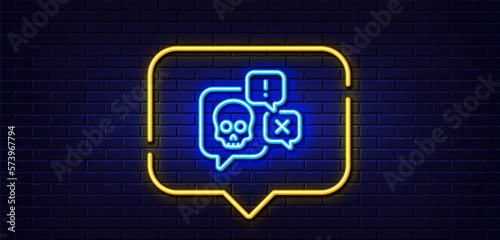 Neon light speech bubble. Cyber attack line icon. Ransomware threat sign. Hacker skull chat symbol. Neon light background. Cyber attack glow line. Brick wall banner. Vector