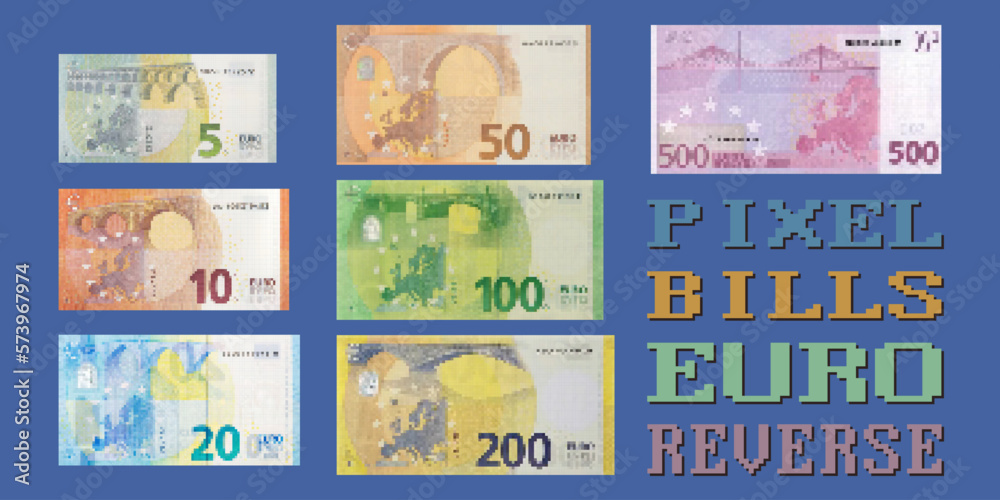 Vector set of pixel reverse European Union banknotes. The denomination of paper money is from 5 to 500 euros.