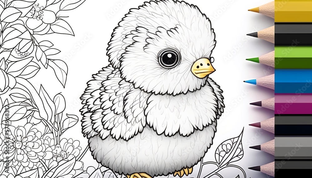 Obraz premium a cute coloring book for children that is still black and white, but waiting for colors and then it will become a wonderful colorful chick