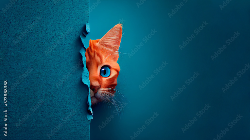 Obraz premium Ginger cat peeking through torn paper with copy space