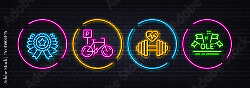 Winner ribbon, Dumbbell and Bicycle parking minimal line icons. Neon laser 3d lights. Ole chant icons. For web, application, printing. Best award, Cardio training, Bike park. Vector