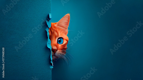 Red kitten peeks out from behind a blue wall, Generative AI