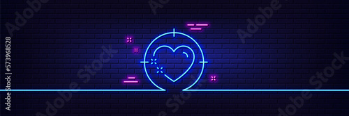 Neon light glow effect. Heart target line icon. Love emotion aim sign. Valentine day symbol. 3d line neon glow icon. Brick wall banner. Heart target outline. Vector