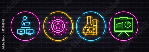 Winner star, Work home and Chemistry lab minimal line icons. Neon laser 3d lights. Presentation icons. For web, application, printing. Best award, Freelance work, Laboratory. Board with charts. Vector