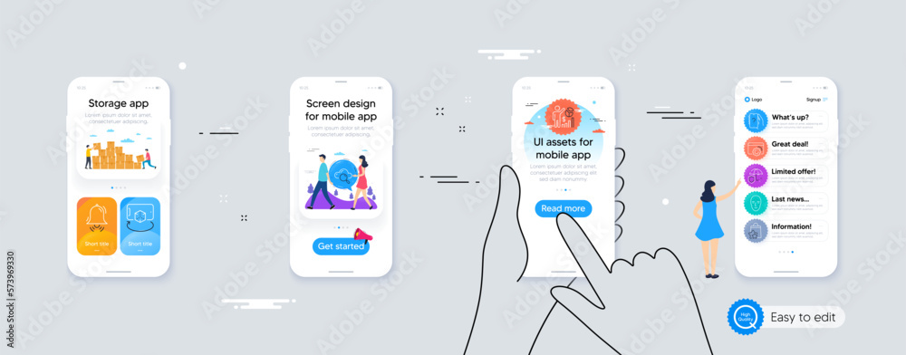Clock bell, Umbrella and Seo statistics line icons for website, printing. Phone ui interface. Collection of Seo gear, Cloud computing, Augmented reality icons. Face biometrics, Ask question. Vector