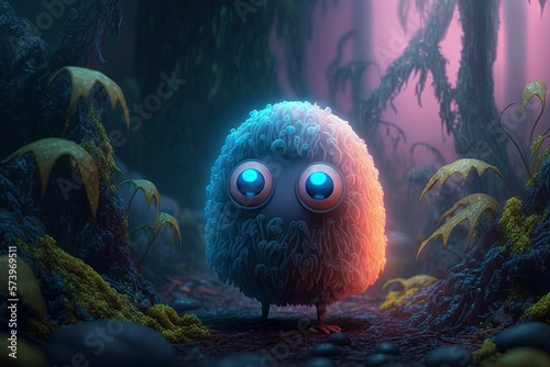 Tiny fairy creature in a magical fairy-tale forest. generative ai. Cute monster in the foggy forest. Little magical creature with beautiful eyes with neon lights in the background