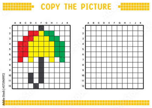 Copy the picture, complete the grid image. Educational worksheets drawing with squares, coloring cell areas. Preschool activities, children's games. Cartoon vector illustration, pixel art. Umbrella.