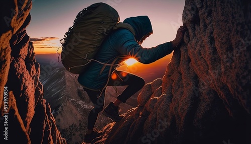 Man Ascending Mountain at Sunset, Generative Ai