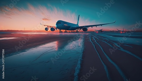  an airplane is taking off from the runway at sunset or dawn.  generative ai
