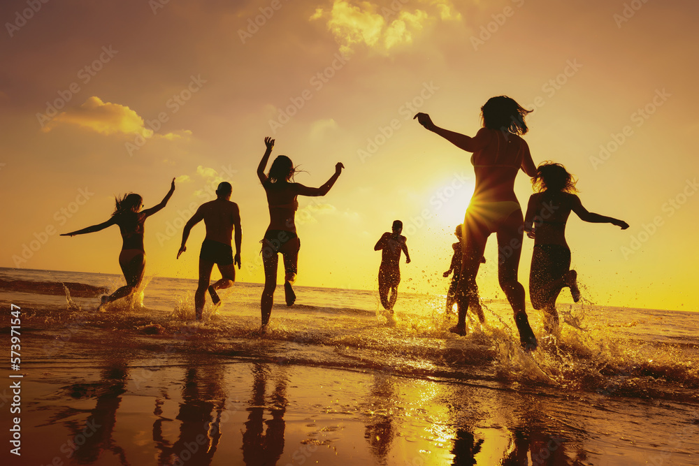 Group of happy young friends are having fun and runs at sunset sea beach. Tropical vacations concept