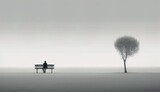 A person sitting on a bench next to a tree and a lone tree in the distance desaturated a black and white photo minimalism