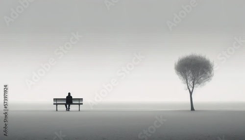 Photo A person sitting on a bench next to a tree and a lone tree in the distance desat