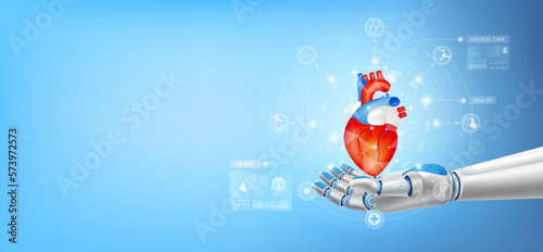 Heart float away from in robot hand. Futuristic medical cybernetic robotics technology. Innovation artificial intelligence robot assist care health. With copy space for text. Realistic 3D Vector.