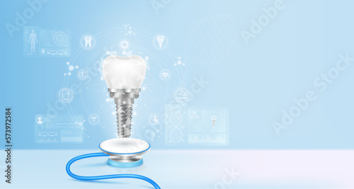 Tooth dental implant float away from stethoscope. Image virtual hologram through screen computer. Doctor diagnose digital data record on electronic medical. Technology innovation. 3d Vector.