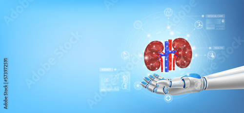 Kidney float away from in robot hand. Futuristic medical cybernetic robotics technology. Innovation artificial intelligence robot assist care health. With copy space for text. ฺRealistic 3D Vector.