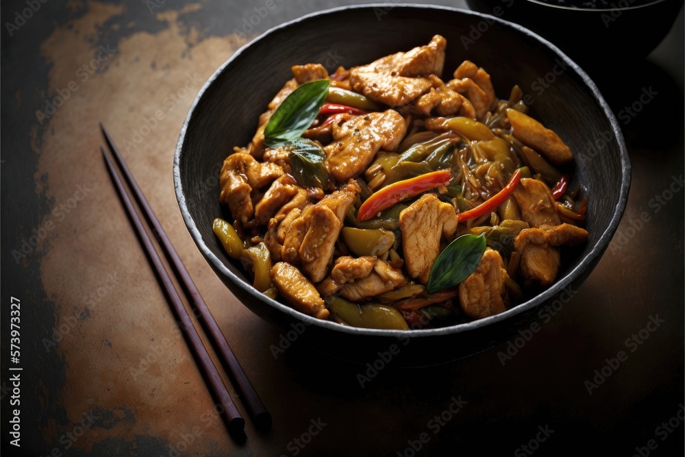 cuisine fried chicken with vegetables, chop sticks, Asian food cuisine fried chicken with vegetables, chop sticks, Asian food