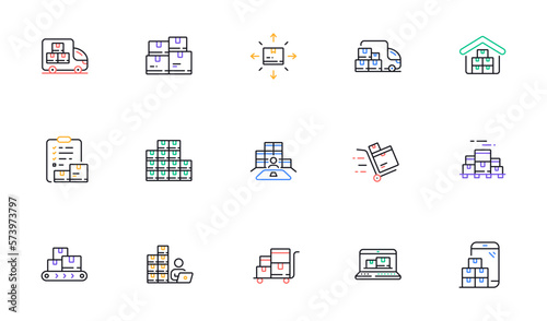 Inventory line icons. Warehouse manager, Wholesale stock, Goods checklist. Delivery logistic, Box shelf, Warehouse distribution outline icons. Wholesale freight, Storage and Inventory operator. Vector