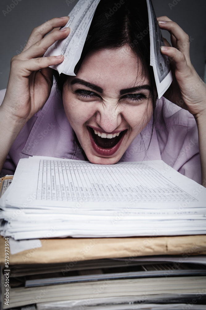 I hate my office work. Portrait of young business woman screaming from pain and asking for help. Professional burnout, body language, gestures, psychology concept.