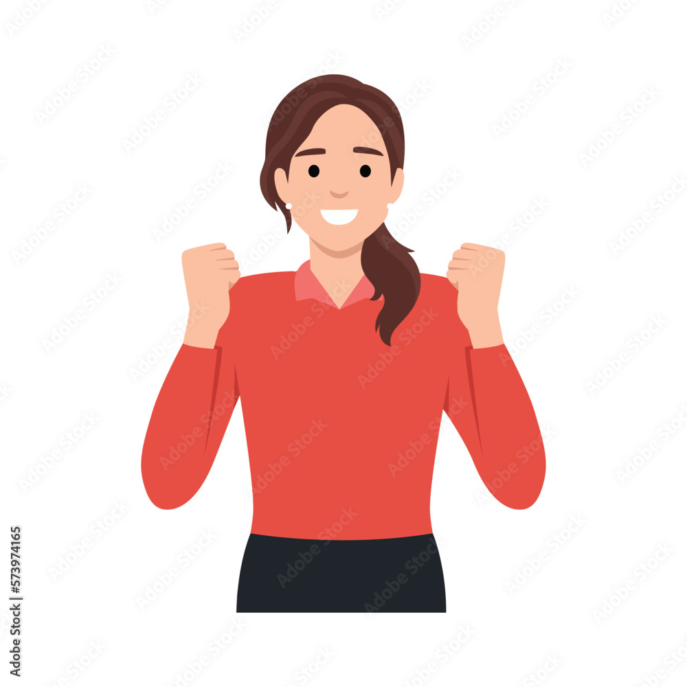 Happy successful young woman raising hands. Woman celebrating success, gesturing raised fists up. Human emotion and body language concept illustration in vector cartoon flat style. Happy successful young woman raising hands. Woman celebrating success, gesturing raised fists up. Human emotion and body language concept illustration in vector cartoon flat style.