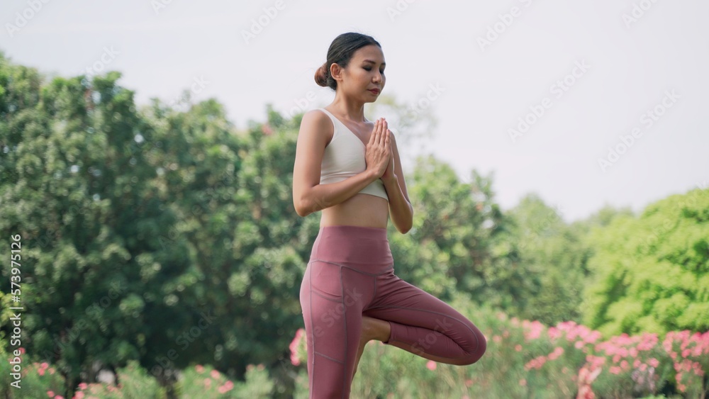 Asian young woman standing on the grass practicing yoga in the tree pose position in city park with the big trees background. Rearview of female practicing yoga outdoors on a sunny day. Asian young woman standing on the grass practicing yoga in the tree pose position in city park with the big trees background. Rearview of female practicing yoga outdoors on a sunny day.