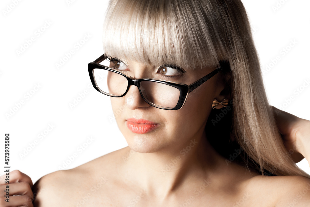 Portrait of a beautiful brunette girl with blond bangs fringe. Wearing glasses. . Portrait of a beautiful brunette girl with blond bangs fringe. Wearing glasses. .