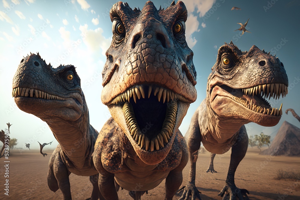 A Group Of Dinosaurs With Their Mouths Open And Their Heads Slightly