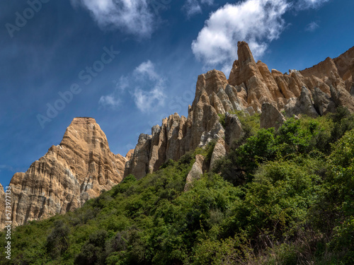 Eroded rock formations. Landscapes at Clay cliffs. Omarama. New Zealand. South Island. Erosion.