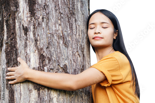 concept of saving the world Asian woman hugging a tree