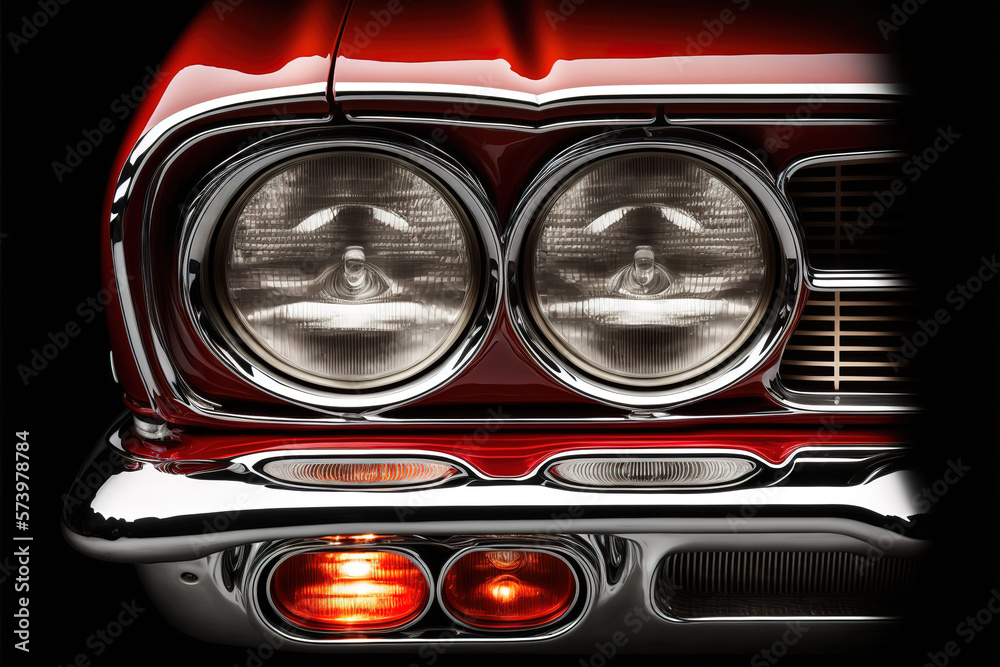 Classic red muscle car front headlight