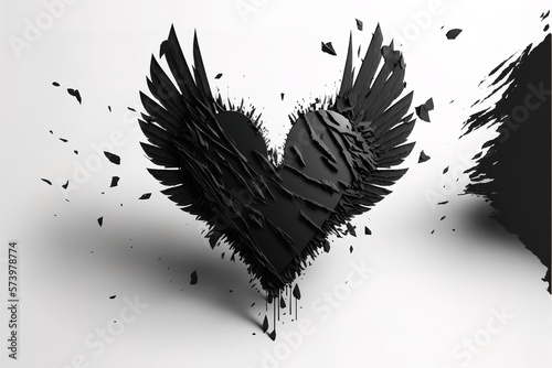 black heart with wings isolated on white. Illustration of a broken heart flying