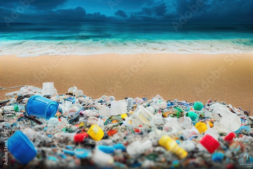 Beach littered with a pile of plastic garbage left by human activity. Generative AI