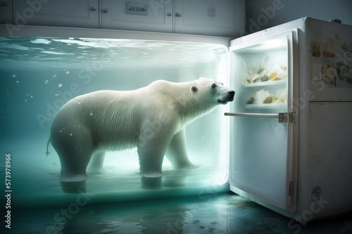 Global warming concept  polar bear swiming in a fridge. Generative AI