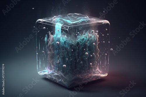 Photographie A cube with bubbles and water inside of it on a black background with a blue and
