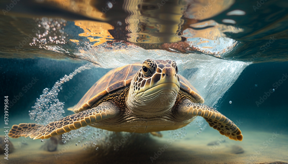 Obraz premium Turtle Jumping in a Crystal Clear Water - Generative AI
