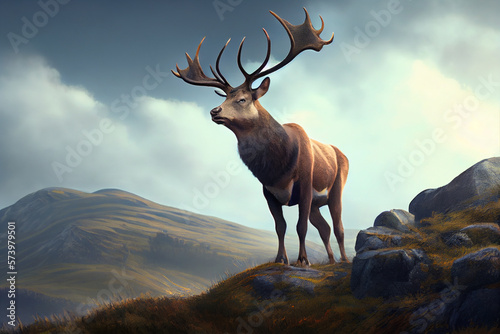 A proud deer stands on top of a mountain and looks into the distance. AI generated