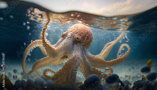 Octopus Jumping in a Crystal Clear Water - Generative AI © Silard