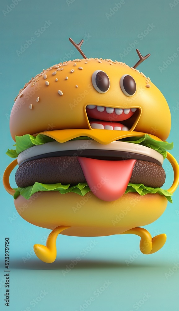 3D Cute Cartoon Hamburguer Character. AI generative. 3D Cute Cartoon Hamburguer Character. AI generative.